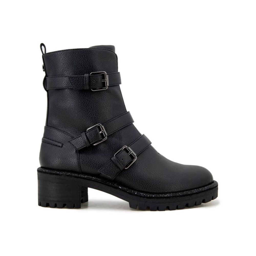 REACTION KENNETH COLE Womens Black Pull Tab Tate Round Toe Block Heel Moto 5.5 - Picture 2 of 4